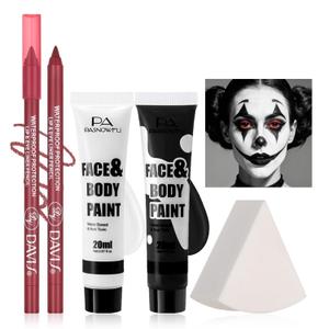 2 x Halloween Makeup Kit for Clown, Black White Face Paint Set for Classic joker Skeleton Looks with Red Eyeshadow Stick, Water-Based Body Paint Set for Cosplay SFX Makeup, Stage shows, Parties