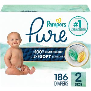 Pampers Pure Baby Diapers, Size 2 (12-18 lbs), 186, Up to 100% Leakproof, Premium Hypoallergenic Soft Diapers