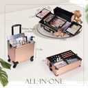 3 in 1 Professional Rolling Makeup Train Case Aluminum Trolley Case with 360 Rotation Wheels for Makuep Artist Cosmetic Suitcase Organizer with Lock and Key Diamond Pattern - Rose Gold
