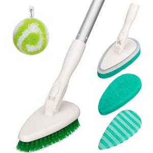 Qaestfy 4-in-1 Tub and Tile Shower Scrubber, 51'' Bathtub Cleaning Brush with Long Handle, Soft & Stiff Bristles Bathroom Scrub Brush, Non-Scratch Shower Cleaner Brush for Cleaning