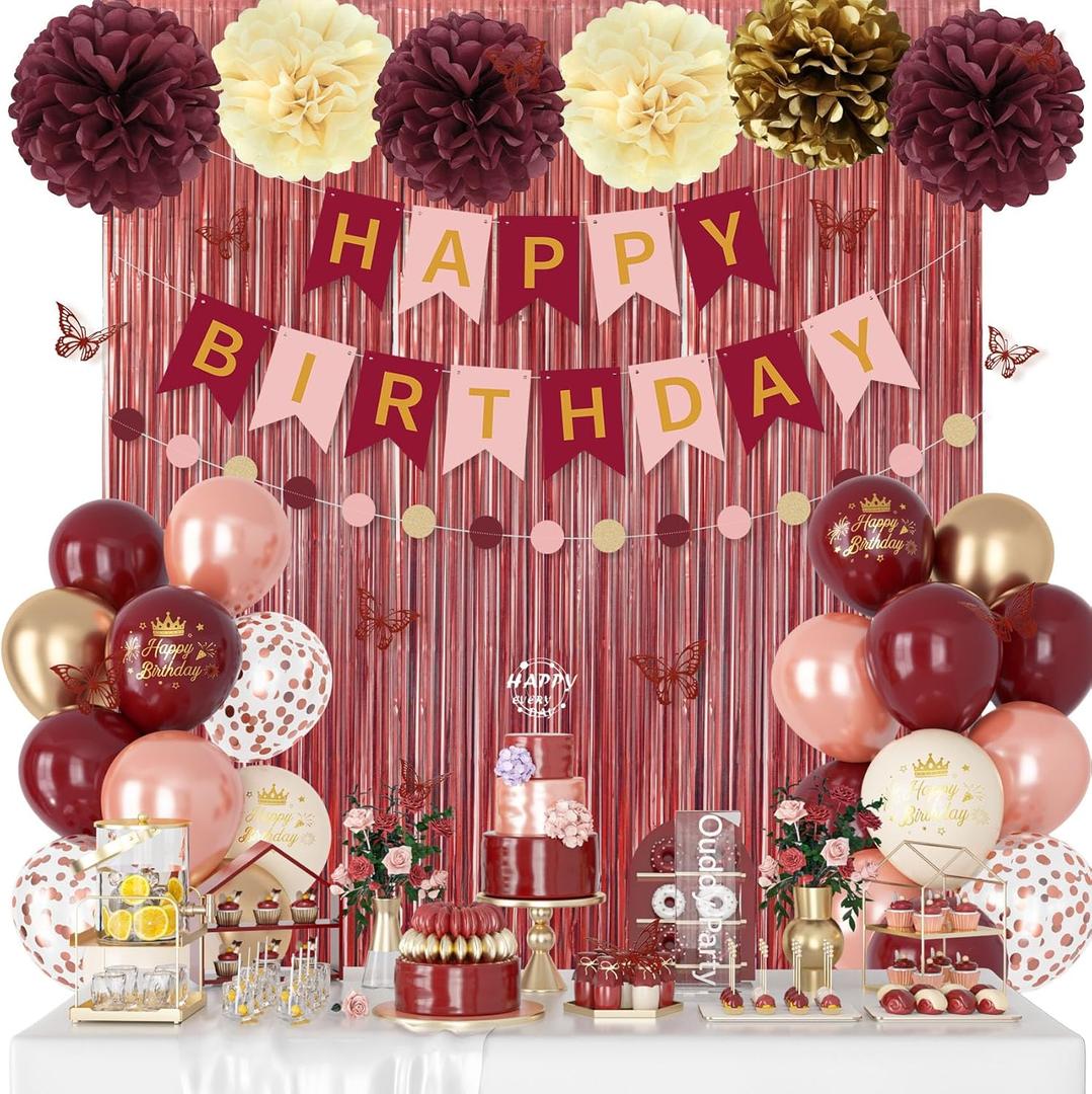 Burgundy Birthday Decorations for Women Girls, Pearl Pink Rose Gold Sand Metallic Printed Balloons Butterfly Stickers Fringe Curtain Happy Birthday Banner Circle Dot Paper Pompom Party Supplies