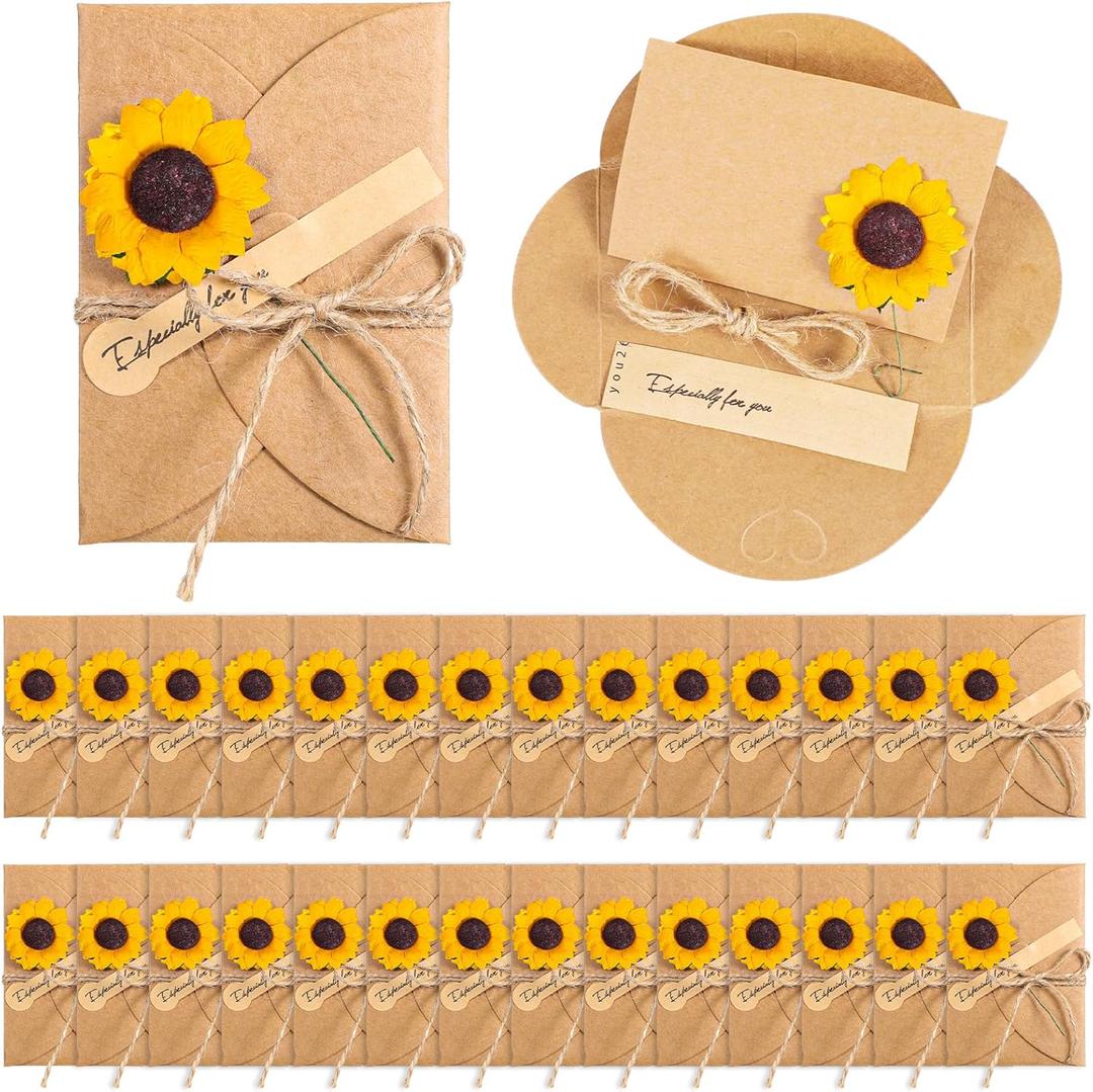 Qilery 50 Pcs Sunflower Gift Dried Flowers Greeting Cards Thank You Handmade Invitation Card DIY Vintage Kraft Blank Note Card with Envelopes for Birthday Christmas Teacher College, 2.76 x 4.13''