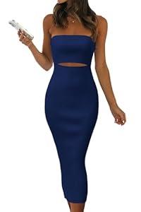 PRETTYGARDEN Women's Y2K Tube Top Dress Sleeveless Cutout Ribbed Midi Bodycon Party Dresses (Solid Dark Blue, XX-Large)