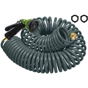 Coil Hose 25FT EVA Coil Garden Hose With 3/4'' Brass Connector Coiled Water Hose Lightweight And No Kink Includes 7 Patterns Spray Nozzle For Outdoors Lawn Watering Car Washing (Gray)