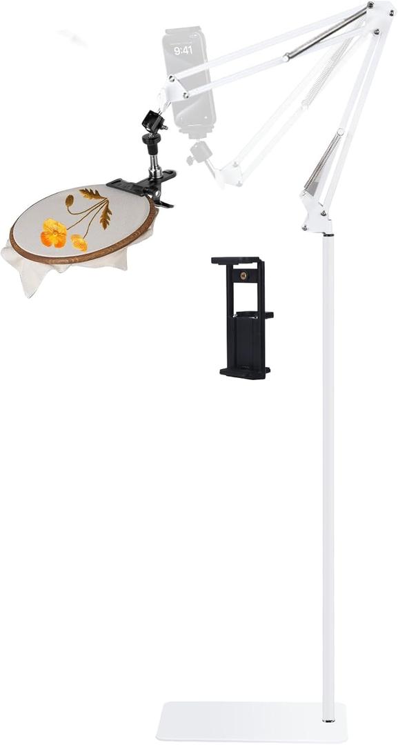 Adjustable Embroidery Hoops Stand for Hand Work,Cross Stitch Frame with 360 Rotation, Hands-Free Stitching,3-in-1 Hoop/Tablet/Phone Holder Floor Stand,White