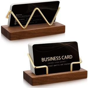 Amyhill 2 Pieces Wood Business Card Holder for Desk Wooden Business Card Display Stand Postcard Holder for Office Home Desktop (Wood Color, Gold)