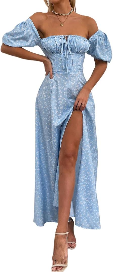Women's Summer Puff Sleeve Floral Split Maxi Dress Flowy A Line Casual Beach Long Dresses-Sky Blue-XXL