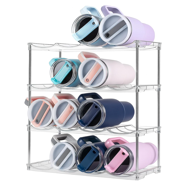 Water Bottle Organizer Stackable 4 Tier Rack for 32oz  40oz Water Bottle Storage, Travel Mugs & Wine Clear Bottle Organizer, BPA Free Plastic and Water Bottle Holder for Cabinet, Fridge & countertop