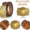 Mawjom Western Cowboy PU Leather Belt - Men Waist Strap Bull Decoration Floral Engraved for Jeans 25" to 38" Waist (Brown-square-buckle)