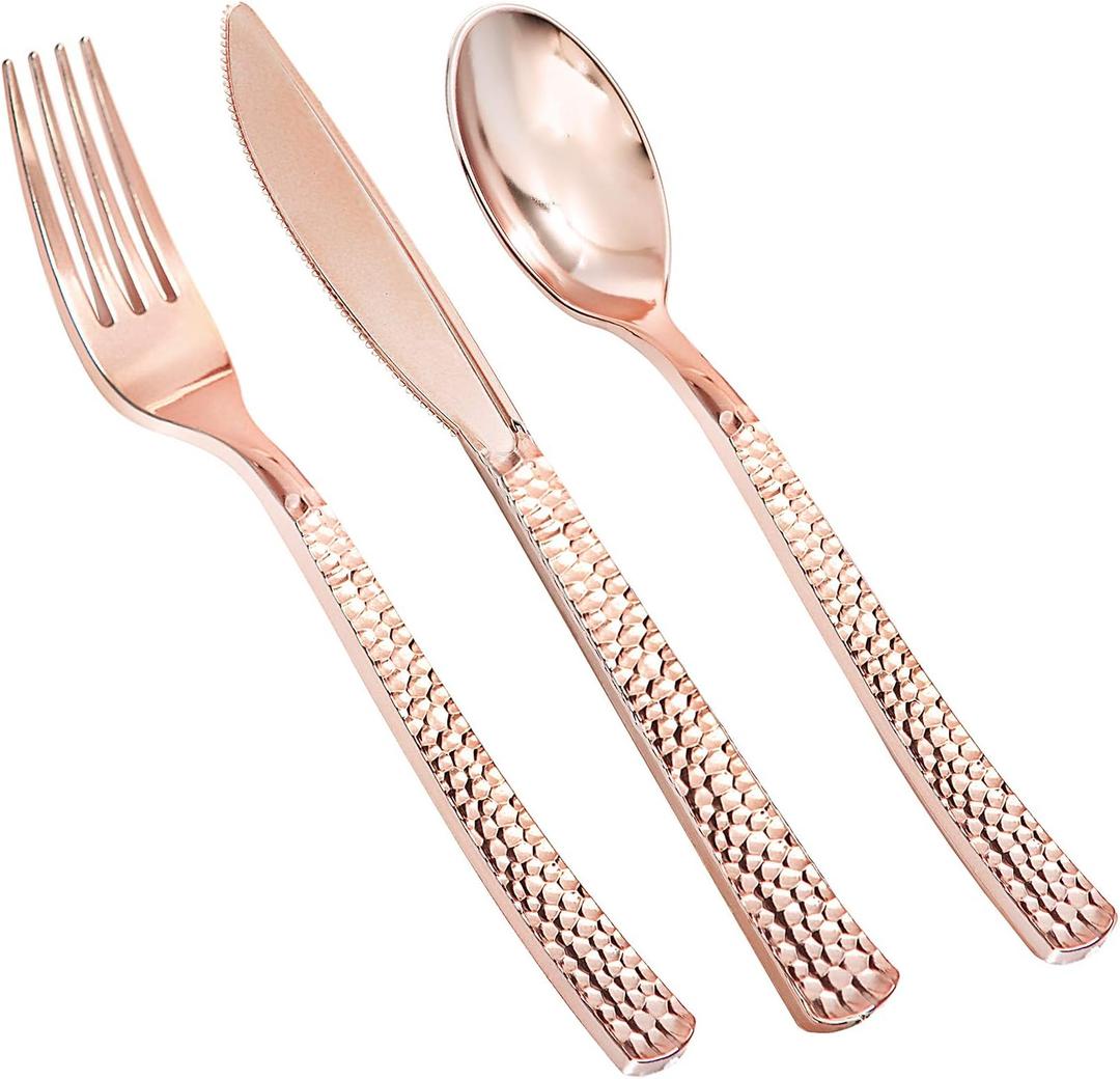 Supernal 360pcs Rose Gold Plastic Silverware,Rose Gold Utensils,Heavy Weight Plastic Cutlery,Disposable Silverware Sets Include 120 Forks,120 Spoons,120 Knives,Suitable for Wedding,Monther's Day,Party (360pcs Plastic Rose Gold Silverware)