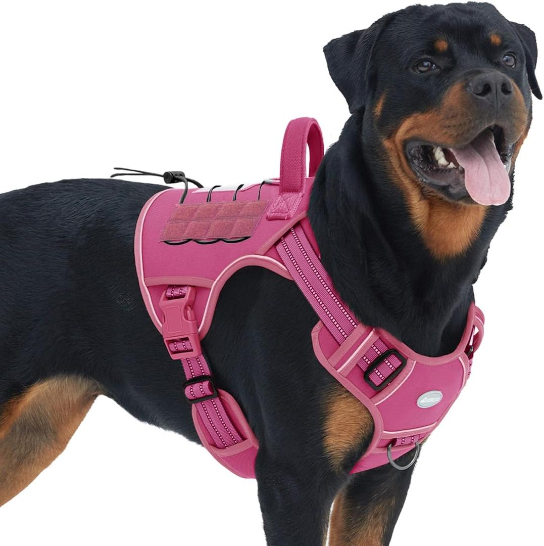 Auroth Tactical Dog Harness for Large Dogs No Pull Adjustable Pet Harness Reflective K9 Working Training Easy Control Pet Vest Military Service Dog Harnesses Rose Red L (L(Neck:18-29",Chest:24-37"),45-80 lbs)