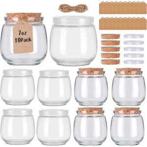 10 Pack 7 oz Glass Yogurt Jars with Cork Lids and PE Lids, Glass Pudding Jars Candles Jars, Small Containers for Wedding Favors, Milk, Jam, Honey, Cake, Spices and DIY Gift