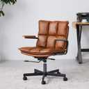 Home Office Desk Chair, Leather Ergonomic Computer Chair with Wheels and Oak Arms, Adjustable Height Rolling Swivel Executive Chair, Rust Brown