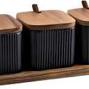 3 Pack Ceramic Condiment Jar Spice Box, Container Seasoning Jars Set with Lids and Spoon for Sugar Tea Coffee Spice Salt pepper for Home Kitchen Counter (Black)