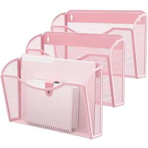 MINDEPOT Wall File Organizer,Hanging Wall Mounted File Folder Binder Holder Mail Organizer for Office,Home and School Supplies, Pink (Pack of 3)
