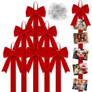 SmoothNovelty 6 Pcs Card Hanging Display Red Velvet Bow with 100 Paper Clips Wall Hanging Picture Photo Display Xmas Wall Door Window Home Decor