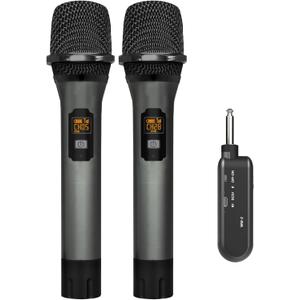 VeGue Wireless Microphone, UHF Cordless Dual Handheld Dynamic Mic Set with Rechargeable Receiver, for Karaoke Party, Voice Amplifier, PA System, Singing Machine, Church, Wedding, Meeting, 200ft (WM-2) (Black)