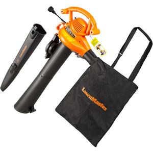 LawnMaster BV1210 Electric Blower Vacuum Mulcher 12 Amp 2-Speed Adjustment with Metal Impeller 240 MPH 380 CFM 16:1 Mulch Ratio with Collection Bag