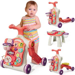 Upgraded 5 in 1 Baby Walker and Activity Center for Baby Girl, Learning to Walk, Sit to Stand, Early Learning Push Toys for Infant 12 Months, Walking Toys Gift for Toddler Girls, Red