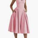 Zwirelz Womens Corset Dress Elegant Spaghetti Strap Midi Dress Flowy Pleated Hem Low Cut Prom Dresses Floral Bustier Dress Small, Pink 