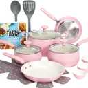 Tasty Clean Ceramic Non-Stick Aluminum Cookware Set, Tempered Glass Lid, Dishwasher Safe, 16-Piece, Pink