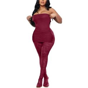 Kafiloe Sexy 2 Piece Outfits for Women Clubwear Lace Tube Mini Dress Top with Stockings Set Birthday Outfits 2XL