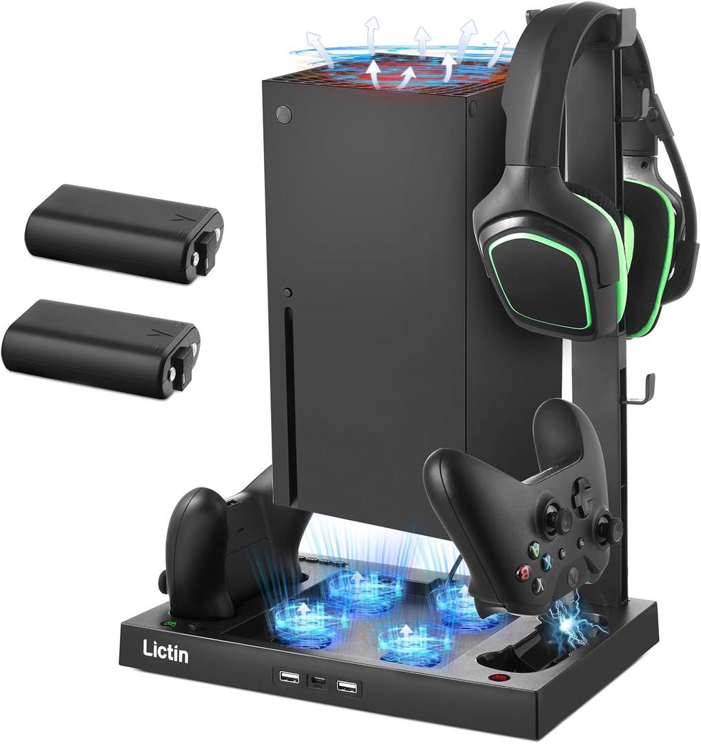 Lictin Cooling Fan Charging Station for Xbox Series X Console & Controller, Upgraded 4 Cooler Fan System Stand, Vertical Dual Charger Station Dock Accessories with 2 x 1400mAh Rechargeable Battery (black)