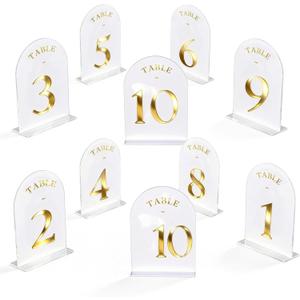 White Acrylic Table Numbers 1-10 with Double-Sided Gold Foil 5x7 Inch Wedding Reception Table Signs and Holders for Anniversary Decoration Party event