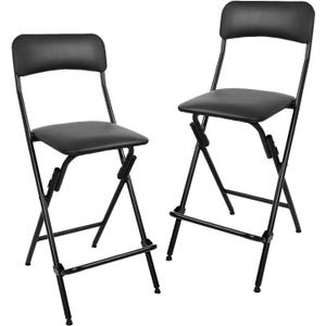 Folding Bar Stool with Backrest,25 Inch Leather Padded Counter Height Foldable Stool,Tall Folding Stool Chair for Gardening Kitchen Shop Cafe, Black (2 Pack), 25 inches x 16.5 inches x 16.5 inches