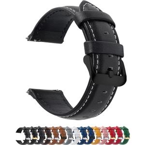12 Colors for Quick Release Leather Watch Band, Fullmosa Axus Genuine Leather Watch Strap Women Men 14mm, 16mm, 18mm, 19mm, 20mm, 22mm or 24mm (choose the proper size), Black+black buckle, Classic