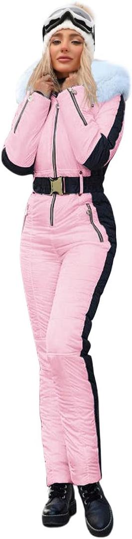 Zwurew Womens Winter Ski Suit Outdoor Sports Waterproof Snowsuit Fur Collar Ski Jumpsuit Coat (Large, 02 Pink)