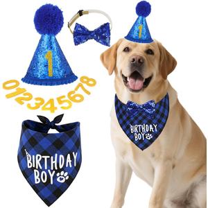 Dog Birthday Party Supplies, Dog Birthday Bandana and Party Hat Set with Numbers Bow Tie Collar for Small Medium Large Pet,Blue, S