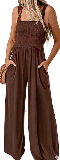 KIRUNDO Womens Jumpsuit 2026 Summer Casual Loose One Piece Overalls Smocked Sleeveless Wide Leg Rompers With Pockets, Large