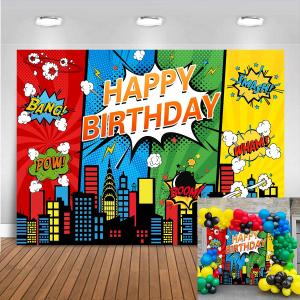 7X5FT Cartoon Superhero Theme Background Super City Comic Skyline Happy Birthday Party Decorations for Childrens Boys Birthday Cityscape Super Heros Photography Backdrop