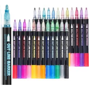 Glitter Markers 24 Colors Double Line Outline, Markers, For Doodling,Painting,Christmas Cards, DIY Craft Projects Art Supplies For Girls Kids Ages 8-12 Glitter Pens For Adults