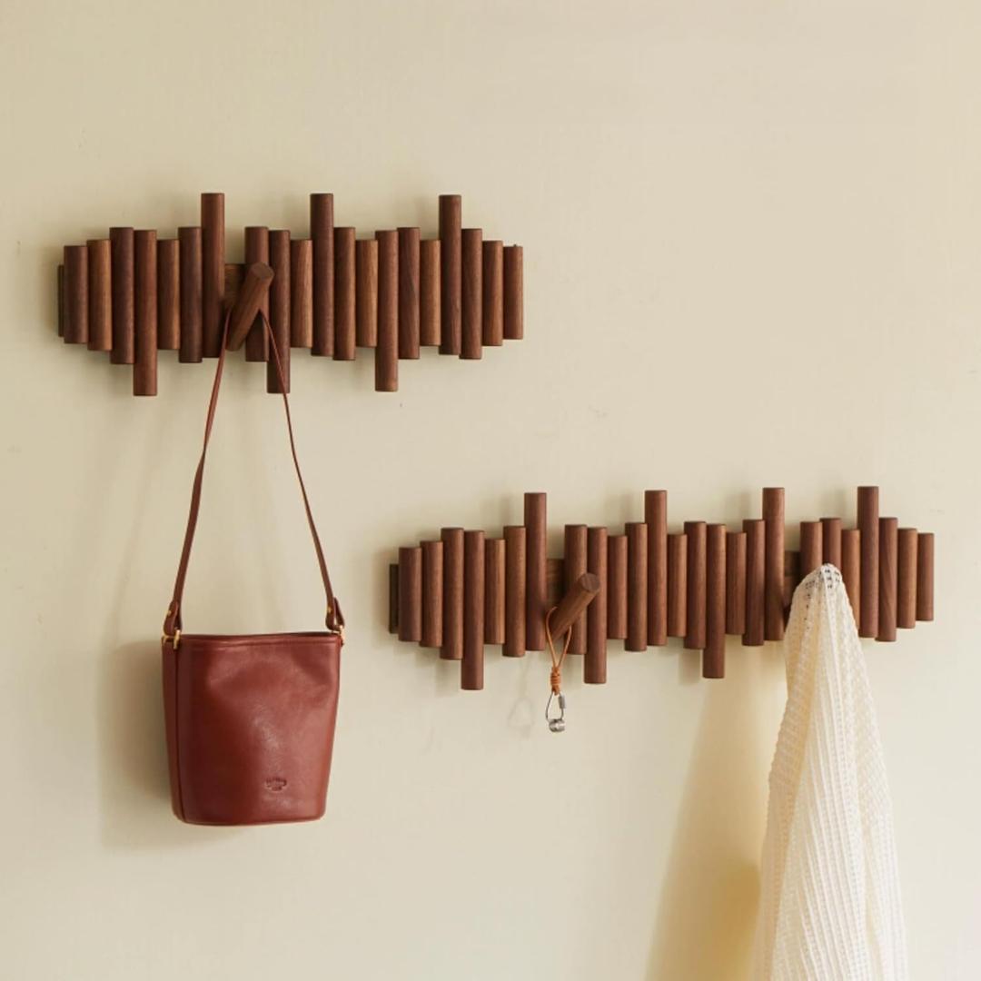 Solid Wood Coat Rack Wall Mount,Key Holder Wall Mount with 9 Hooks,Folding Coat Hooks for Entryway,Bedroom,Living Room,Piano Coat Rack for Hat,Coats,Bags,Key,Rustic Coat Hooks