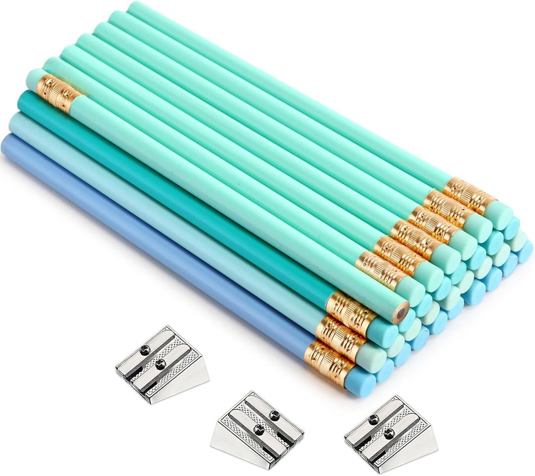 Fainne 48 Pcs Fat Pencils Jumbo Big Thick Large Pencils and 3 Pieces Sharpeners for Kids Beginners Preschoolers Kindergarten School Office Supplies(Turquoise Blue Series,Round)
