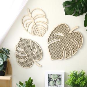 3 Pcs Wooden Rattan Palm Tree Wall Decor Monstera Leaf Wooden Boho Art Tropical Plant Rattan Wall Decor for Home Bathroom(Wood Color)