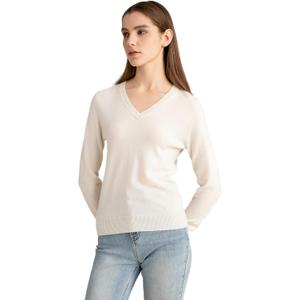 State Cashmere Womens Essential V-Neck Sweater 100% Pure Cashmere Classic Long Sleeve Pullover (Small, Undyed White)