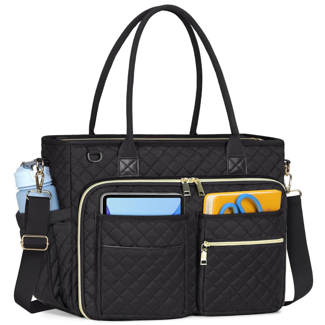 Multi-functional Quilted Tote Bag: 15.6" Laptop Work Bag, Nurse Bible Bag, Teacher Shoulder Handbag for School/Travel (Black)
