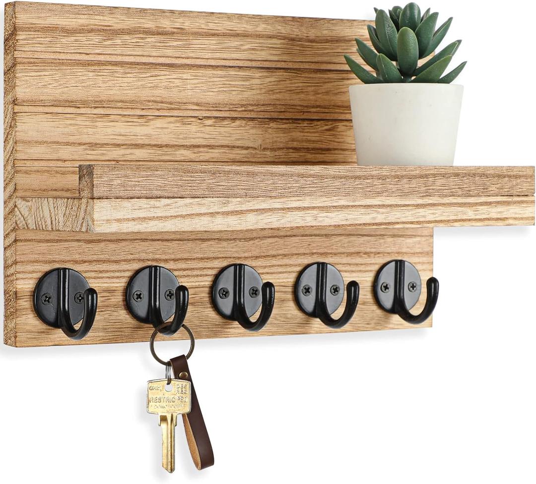 Key Holder for Wall, Decorative Key and Mail Holder with Shelf Has Large Key Hooks for Bags, Coats  Paulownia Wood Key Hanger with Mounting Hardware (9.8W x 6.7H x 4.2D) (Burnt Wood)