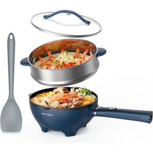 AUTUCU 3-Quart Electric Hot Pot & wok Nonstick with Steamer | Electric Skillet 1200W for Dorm, Home, Gifts, Navy Blue
