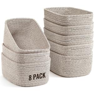8 Pack Small Storage Baskets for Organizing, Woven Rope Bins for Bathroom, Closet, Shelf Organizer, Cute Cube Decorative Box for Towels, Baby Nursery, Toys, Gift Empty Baskets - 11.5"x7.5"x4.7"-Brown