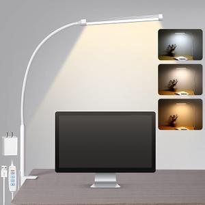LED Desk Lamp with Clamp, Eye-Caring Clip on Lights for Home Office, 3 Modes 10 Brightness, Long Flexible Gooseneck, Metal, Swing Arm Architect Task Table Lamps with USB Adapter, White (S1 White and Silver)