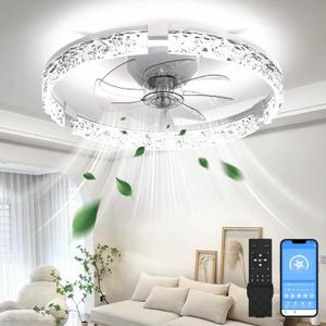 Ceiling Fans with Lights and Remote, Crystal-Edged Modern Flush Mount LED Fan Light, 6 Wind Speeds Low Profile Fandelier Ceiling Fan with Light for Bedroom, 3000-6500K Dimmable (19.7" White)