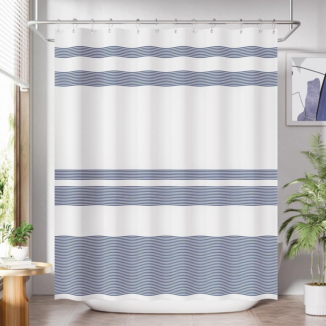 AmazerBath Navy Blue Shower Curtain, Blue and White Striped Bathroom Shower Curtain with 12 Shower Curtain Hooks, Rustic Fabric Blue and White, 72x72 Inches