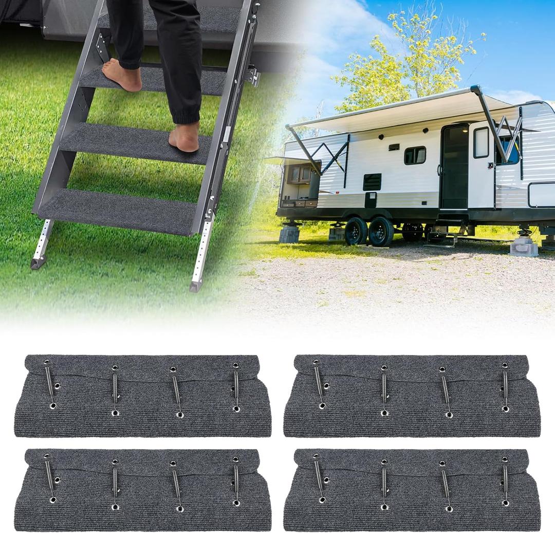 WATERWICH RV Step Covers Rugs 4 Pack RV Camper Step Covers with Install Hooks Fit 22 Inch RV Stairs for RV Mobile Home Campers Trailer Vans, Grey