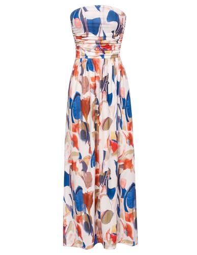 GRACE KARIN Women Strapless Dress Casual Loose Ruched Long Maxi Dress with Pockets Blue Brown L
