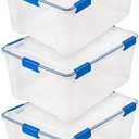 IRIS USA WeatherPro 60 Qt Storage Bins with Lids, 3 Pack, BPA-Free Plastic Gasket Box with Tight Latch and Seal, Stackable Nestable Tote Tub - Clear/Blue
