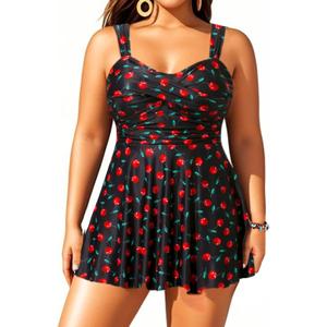 Aqua Eve Plus Size Two Piece Swimsuits for Women Tankini Bathing Suits Flowy Swim Dress with Shorts (Cherry) 24W